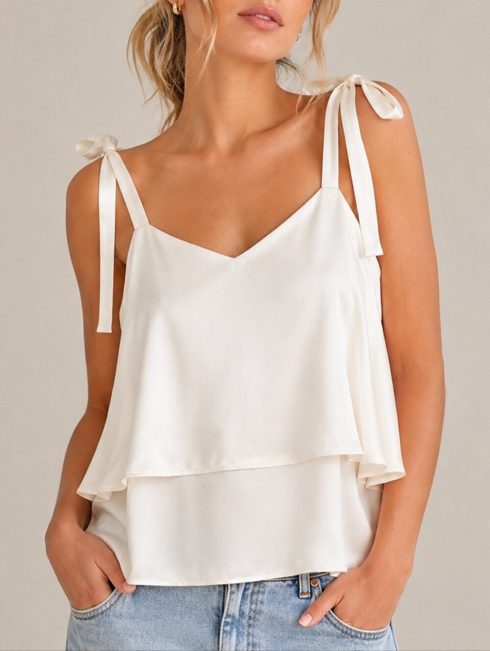 CO Collection Japanese Fabric White Tiered Tie Shoulder Camisole Top Womens M